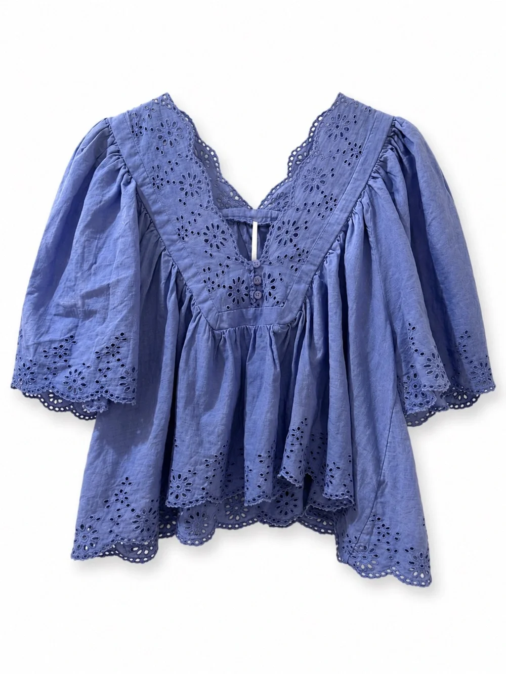 Free People Costa Eyelet Top Periwinkle Cotton Puff Sleeve Boho Blouse M